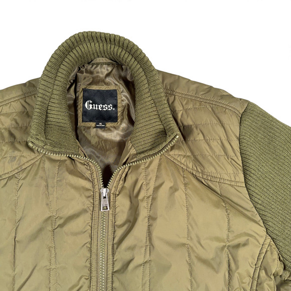 Guess Jacket Adult EXTRA LARGE Green Quilted Sweater Sleeve Bomber Military Army - Picture 2 of 10